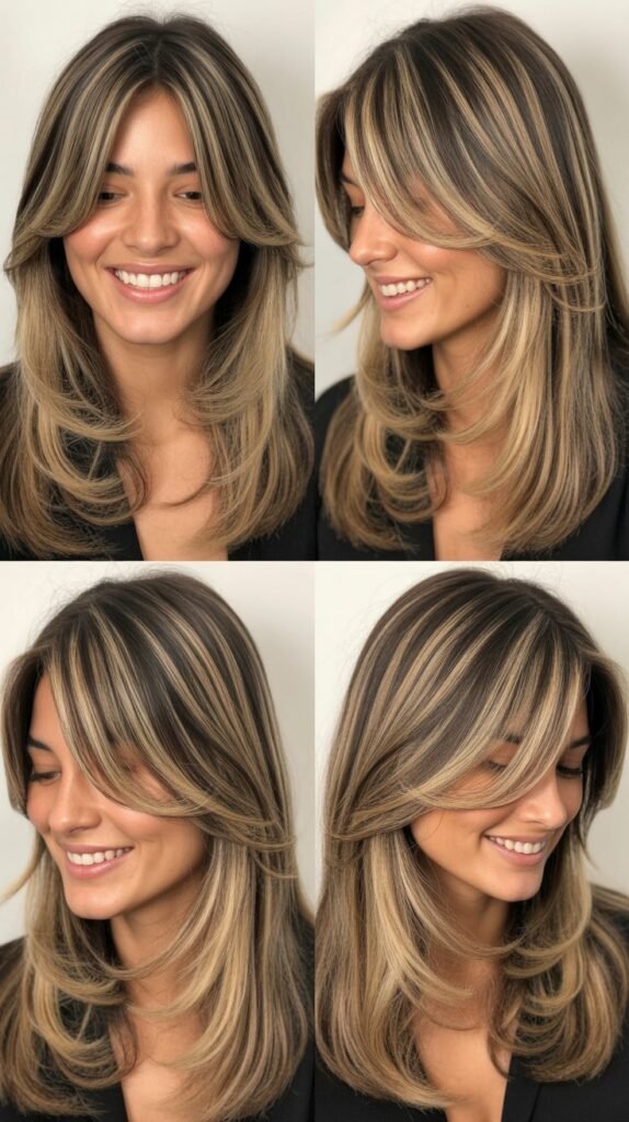 Long Layers With Curtain Bangs and Balayage