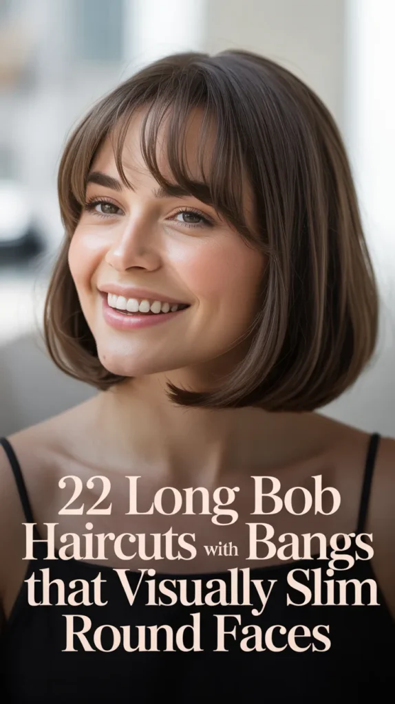 Long Bob Haircuts With Bangs That Visually Slim Round Faces