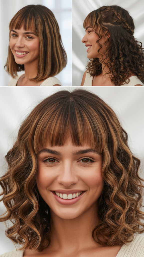 Long Bob With Curtain Bangs And Caramel Highlights