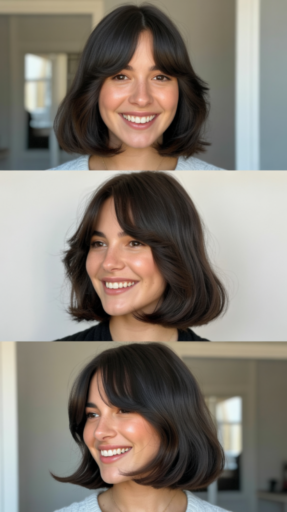 Long Bob With Curtain Bangs For Oval Faces