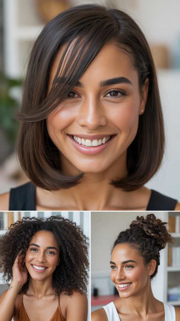 Long Bob with Diagonal Side Bangs and Blunt Ends