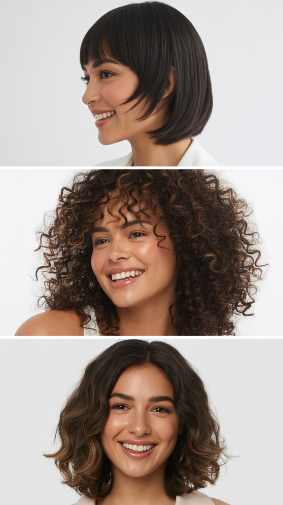 Curly Long Bob with Side-Parted Bangs