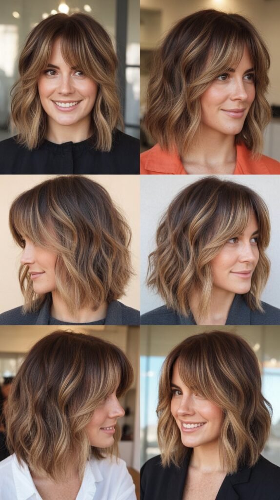 Shaggy LOB With Longer Curtain Bangs And Balayage