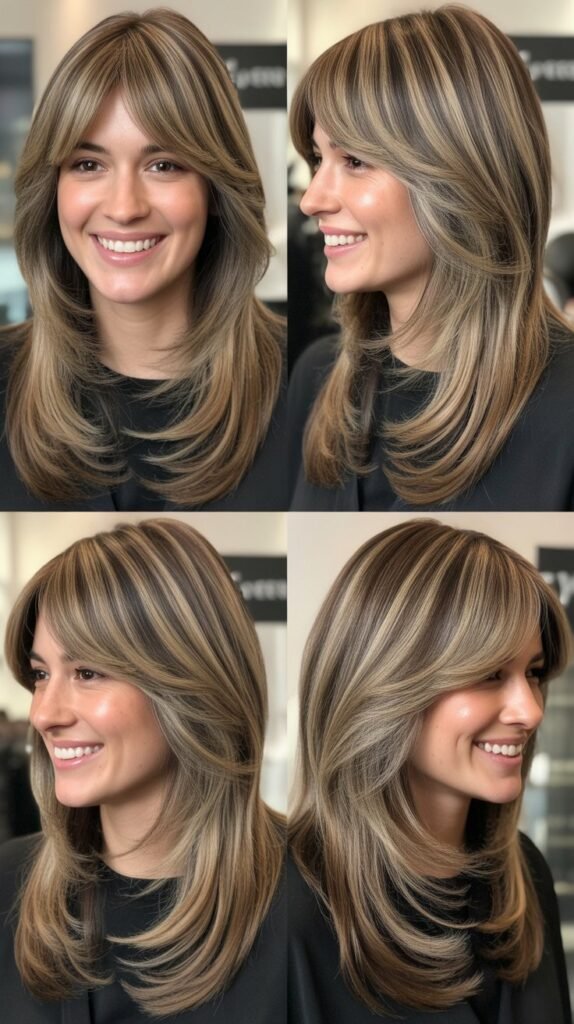 Long Layers With Curtain Bangs and Lowlights