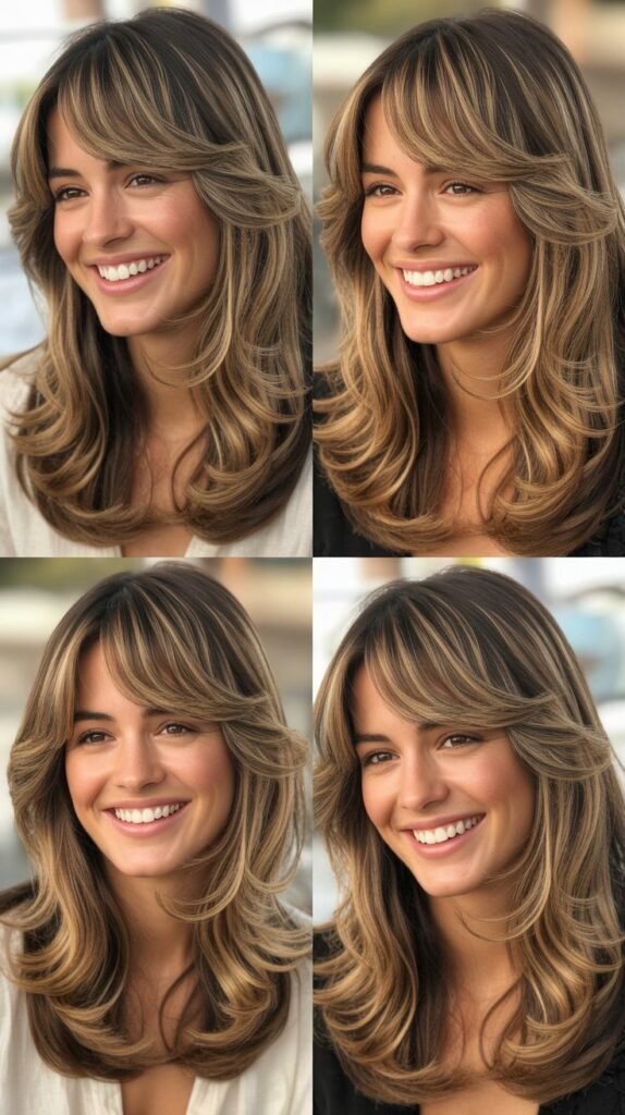 Long Layers With Curtain Bangs and Face-Framing Highlights