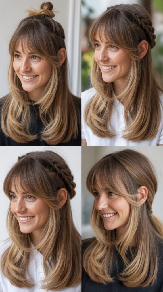 Long Layers With Curtain Bangs and Half-Up Styling