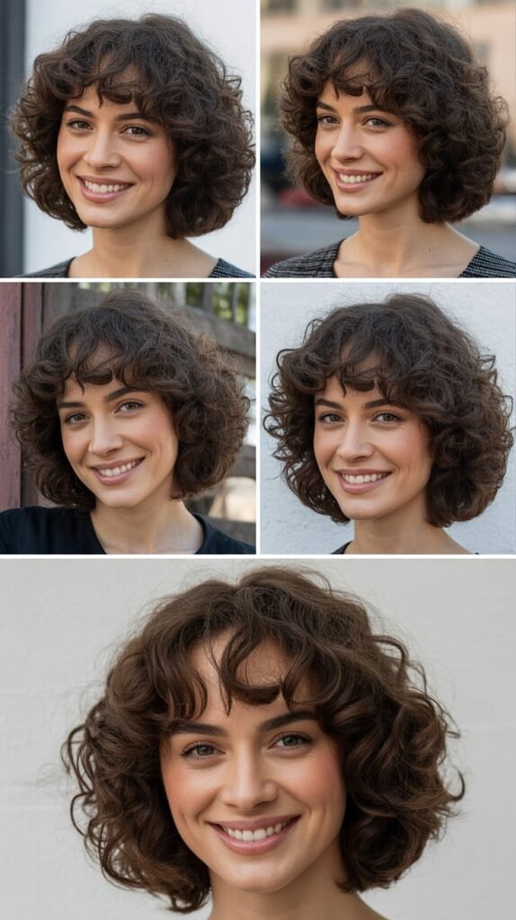 Curly Lob With Defined Curtain Bangs