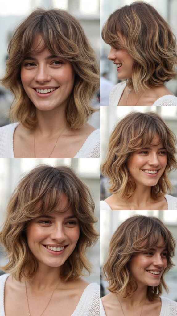 Textured Shaggy LOB With Curtain Bangs And Highlights