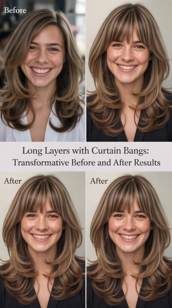 Long Layers With Curtain Bangs: Transformative Before and After Results