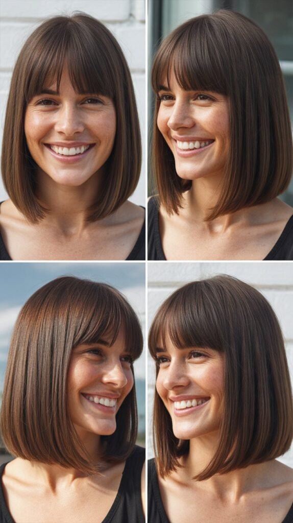 Straight Lob With Center-Parted Curtain Bangs