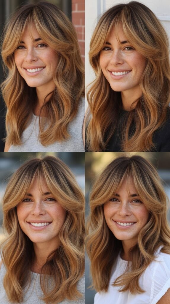 Butterscotch Balayage With Feathered Layers And Wispy Bangs