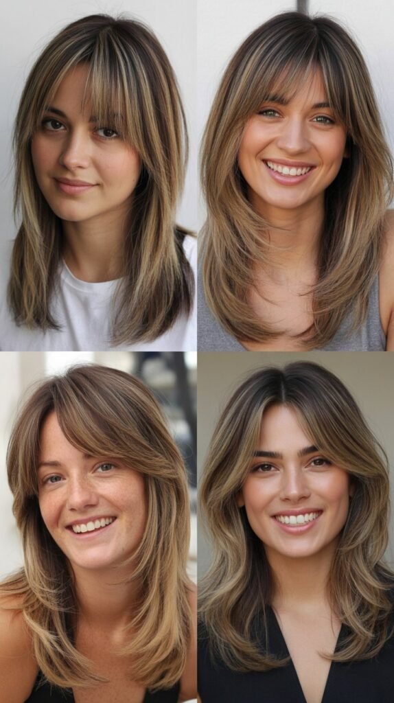 Uniform Long Layers With Curtain Bangs And Highlights