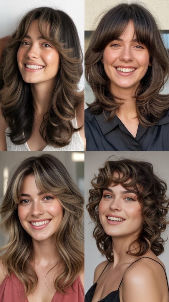 Long Layers With Curtain Bangs for Heart-Shaped Faces