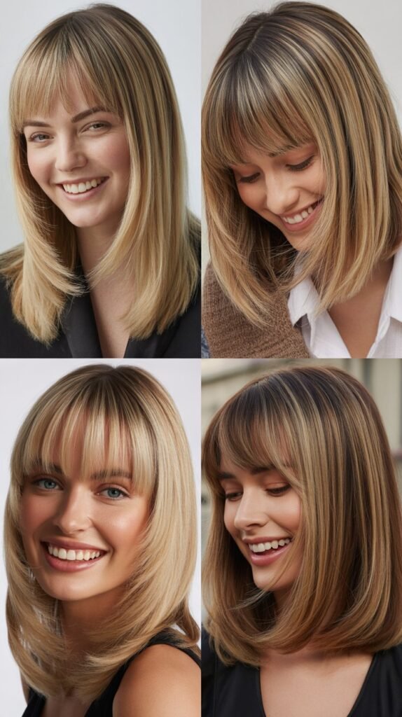 Blunt Cut Base With Internal Layers And Curtain Bangs