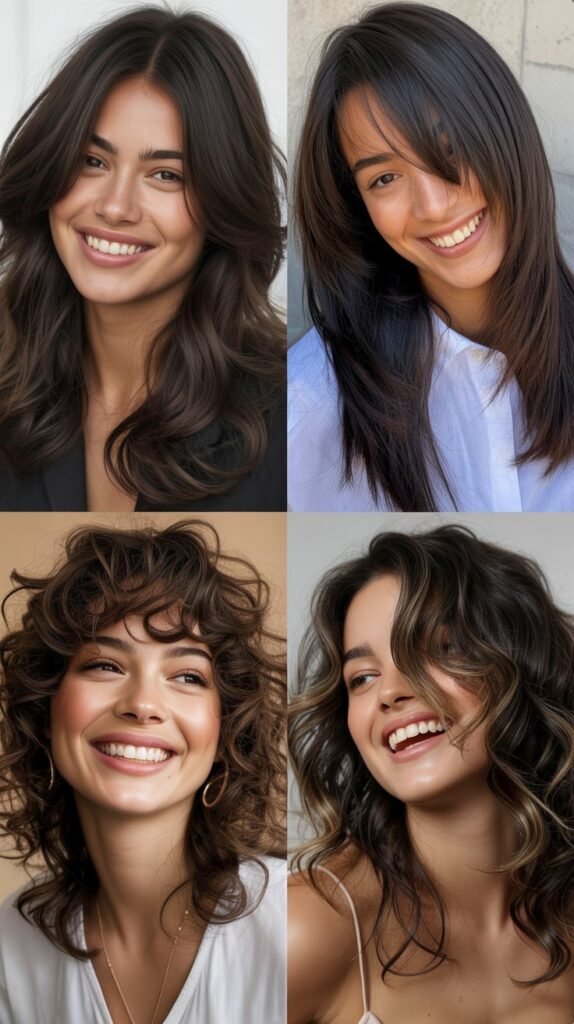 Asymmetrical Long Layers With Off-Center Curtain Bangs