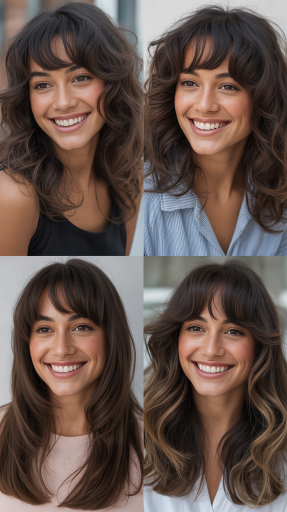 Eyebrow-Grazing Bangs with Long Cascading Layers