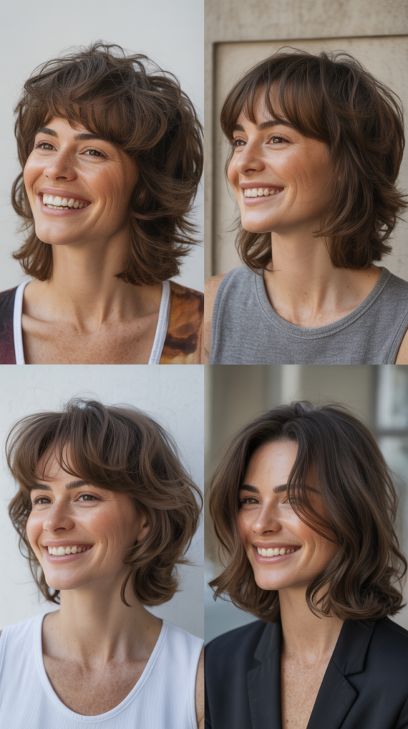 Textured French Bangs with Choppy Mid-Length Layers