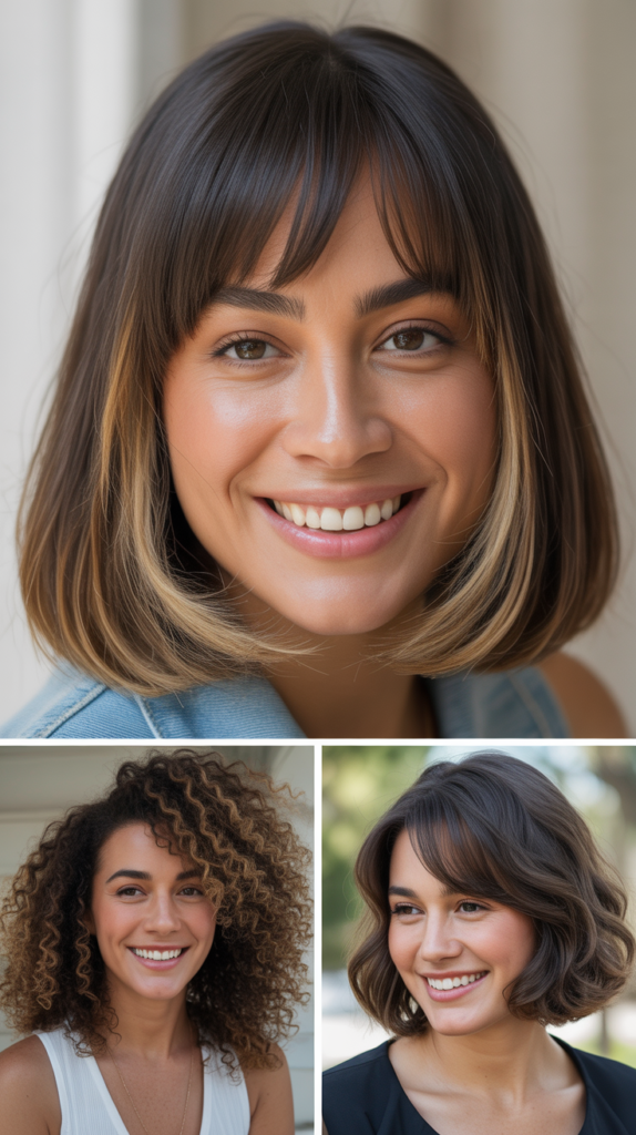 Long Bob With Curtain Bangs And Highlights Underneath