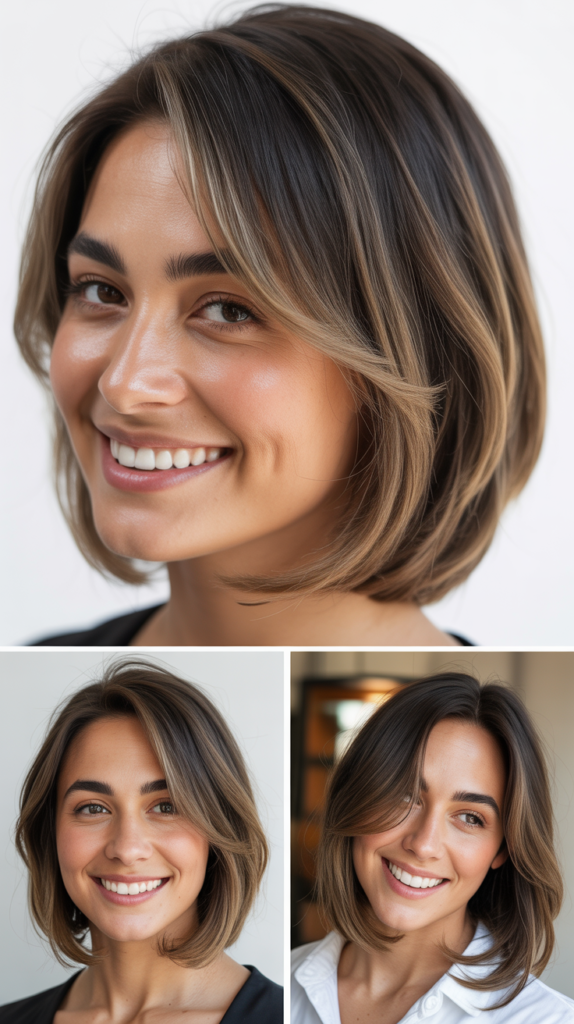 Angled Lob With Ash Brown Balayage and Side-Swept Bangs