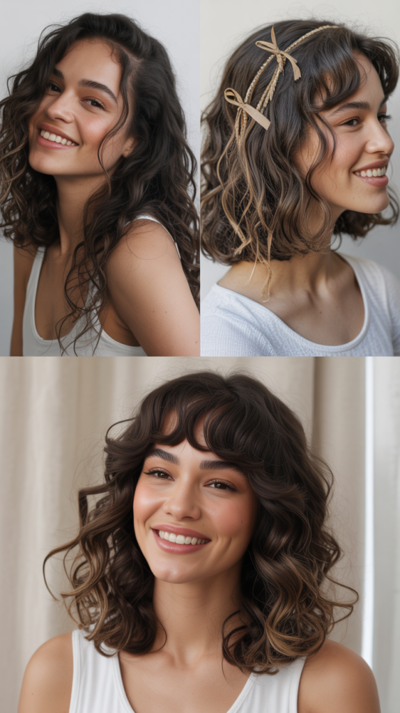 Wavy Lob With Golden Ribbons and Full Bangs