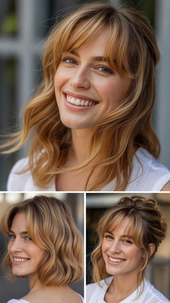 Feathered Side Swept Bangs With Honey Highlights