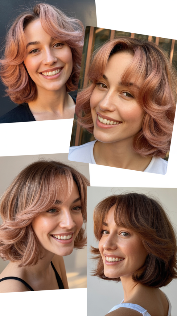  Layered Lob With Rose Tones and Curtain Bangs
