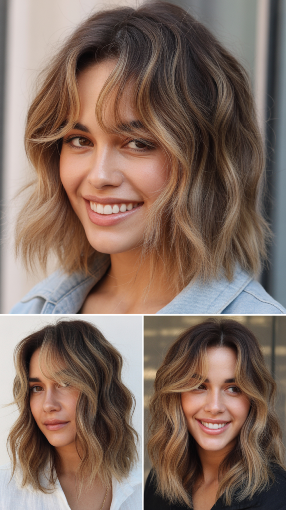 Choppy Lob With Bronde Balayage and Piecey Bangs