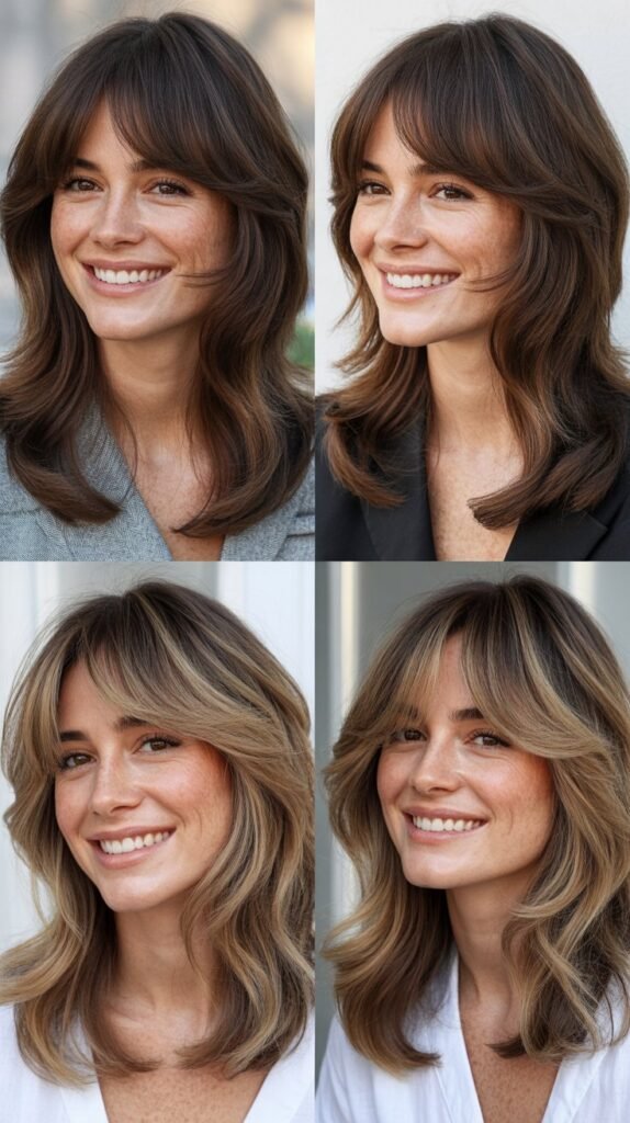 Cascading Layers With Cheekbone-Length Curtain Bangs