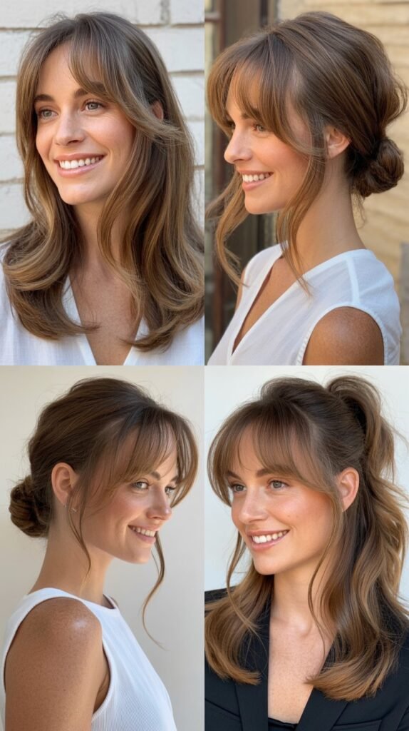 Long Layers With Curtain Bangs and Updos