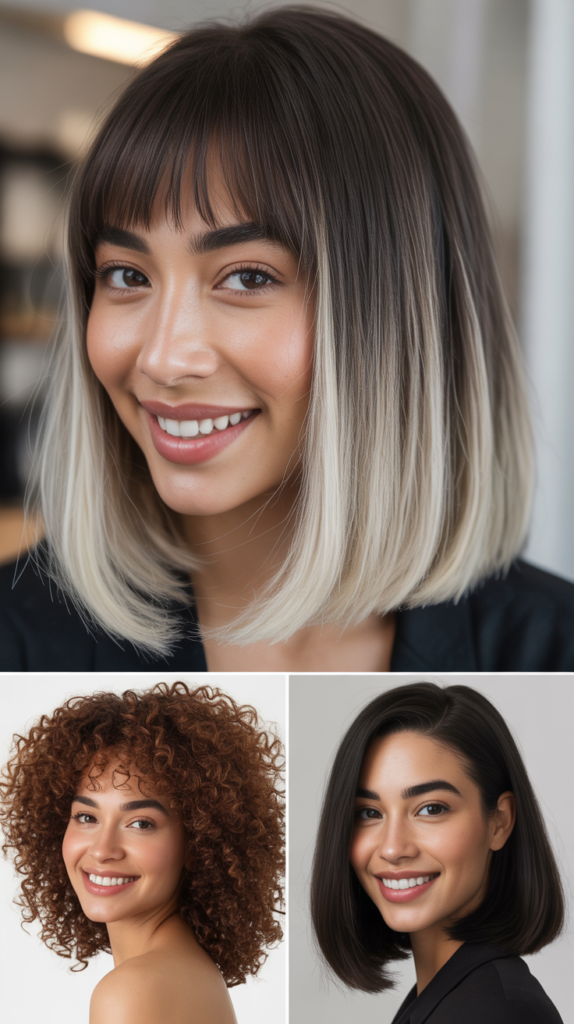 Sleek Lob With Platinum Balayage and Micro Bangs