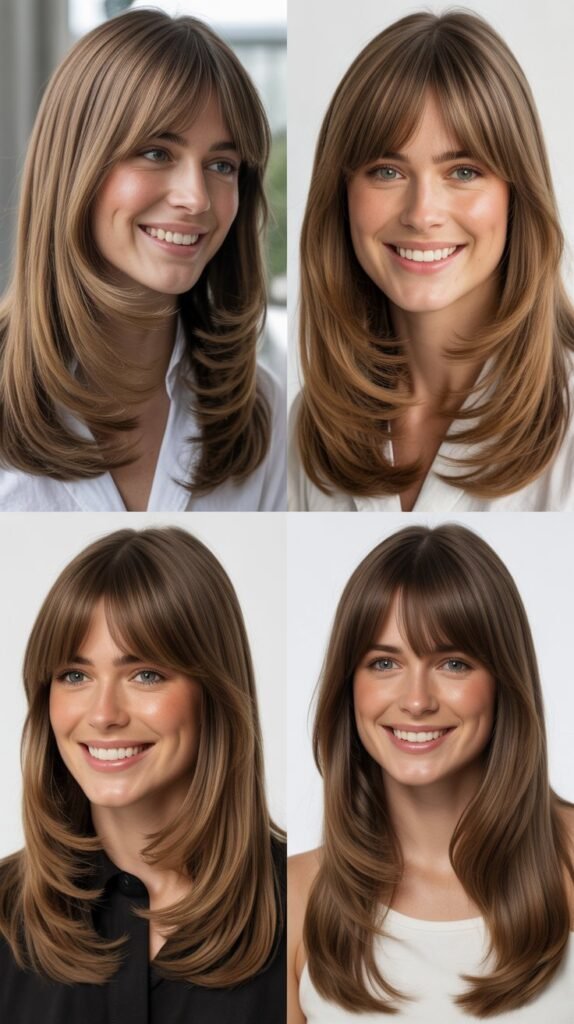 Traditional Long Layers With Pin-Straight Curtain Bangs Styling