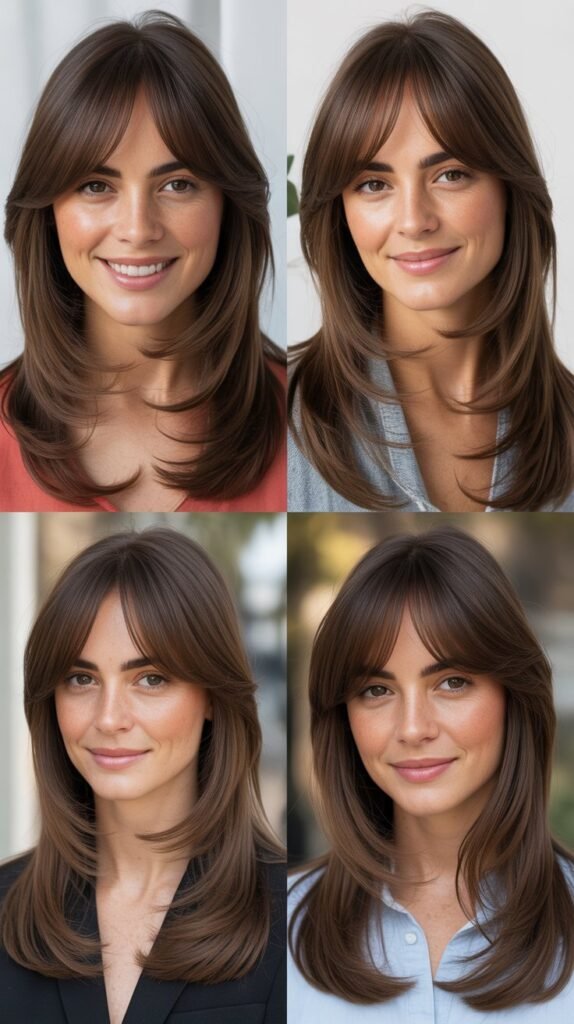 Long Layers With Curtain Bangs and Straight Styling