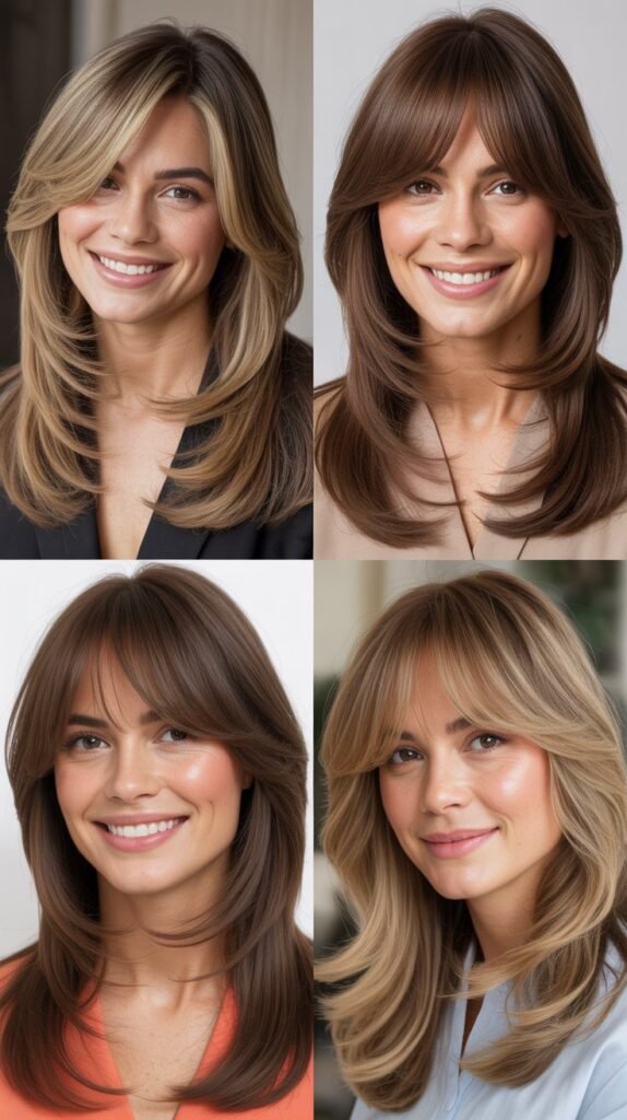 Long Layers With Curtain Bangs for Diamond Faces