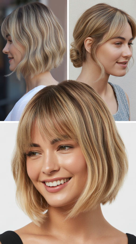 Blunt Lob With Ash Blonde Balayage and Wispy Bangs