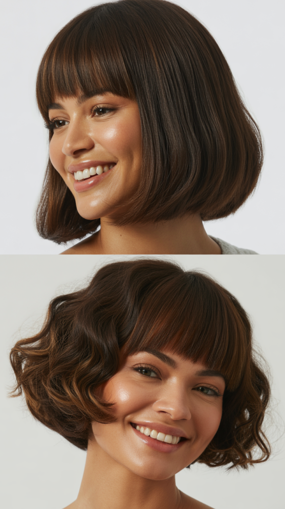 Sleek Long Bob With Graduated Curtain Bangs