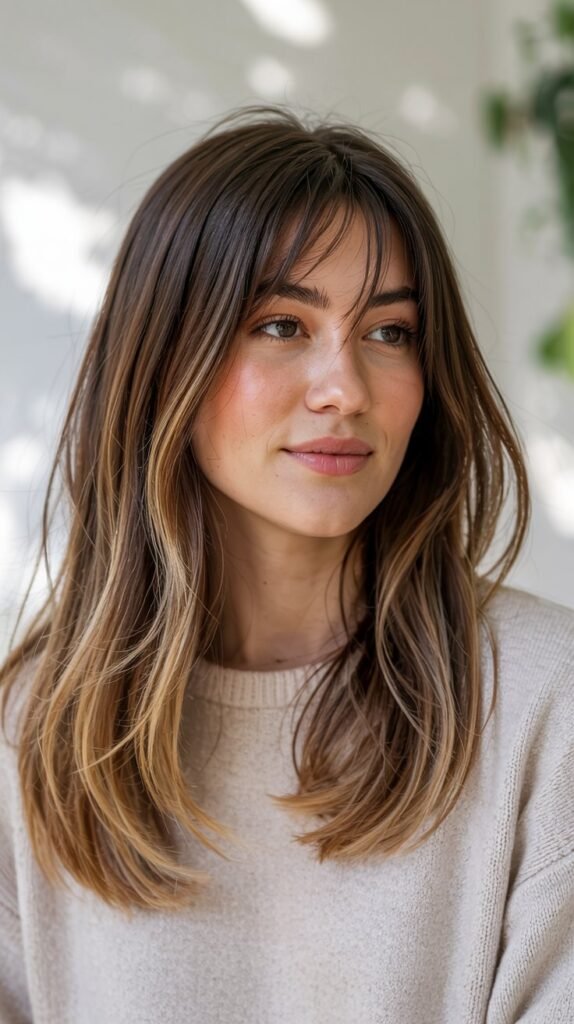 Long Layers With Curtain Bangs And Ombre Color