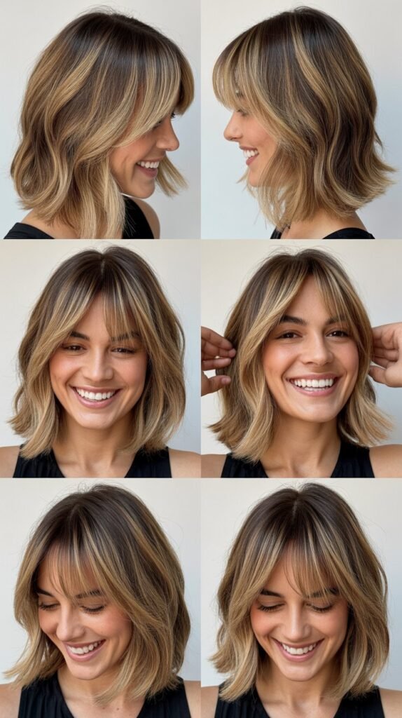 Balayage Lob With Blended Curtain Bangs