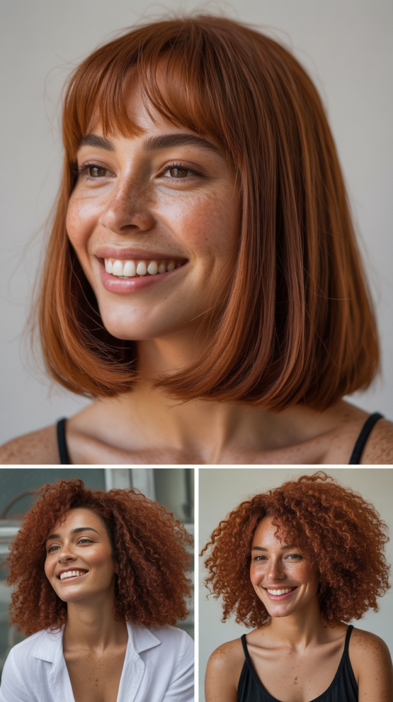 Long Bob With Curtain Bangs And Red Tones