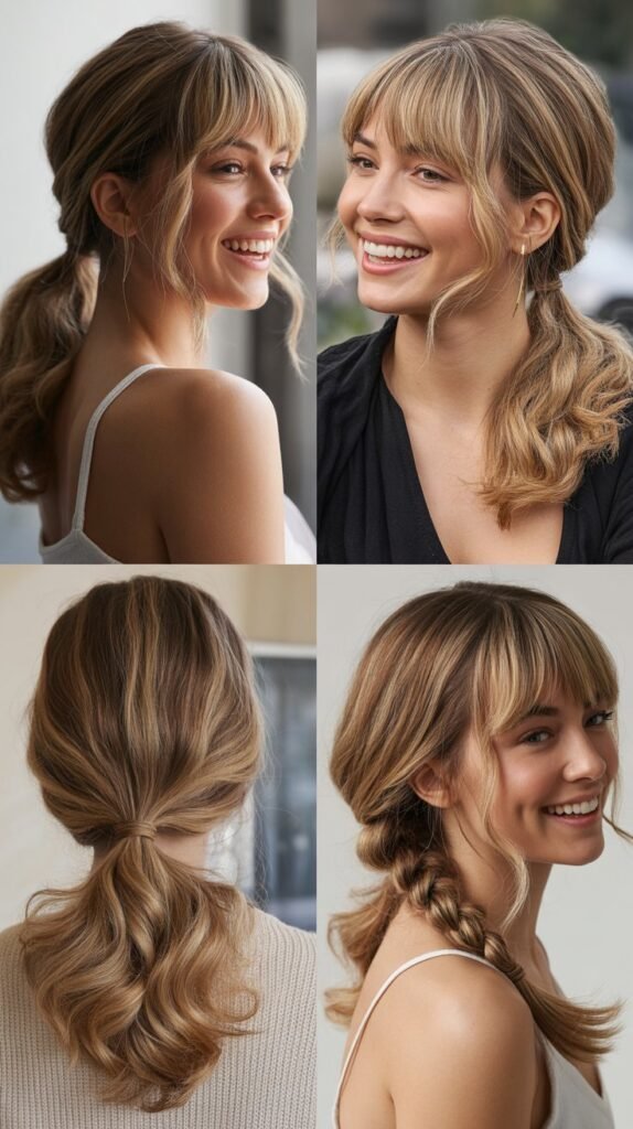 Long Layers With Curtain Bangs and Ponytails