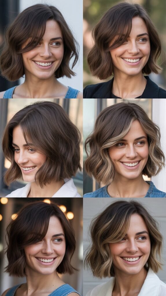 Angled Lob With Swooped Curtain Bangs