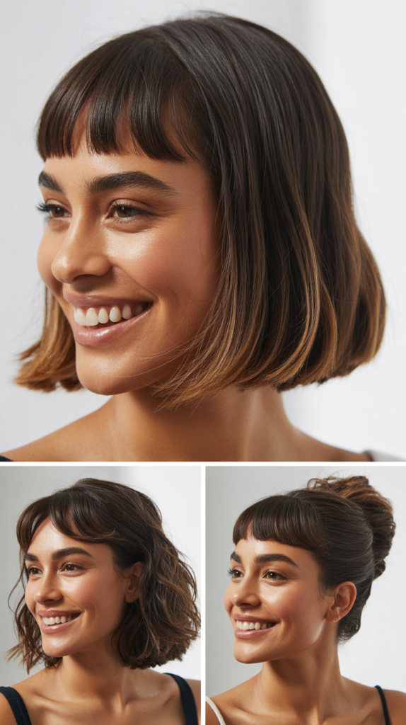 Sleek Lob With Ribbon Highlights and Micro Fringe