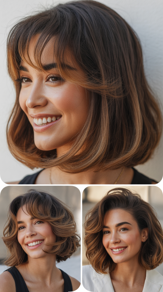 Rounded Lob With Cinnamon Balayage and Arched Bangs