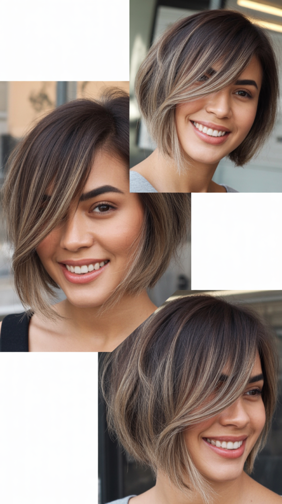 Asymmetrical Lob With Smokey Balayage and Diagonal Bangs