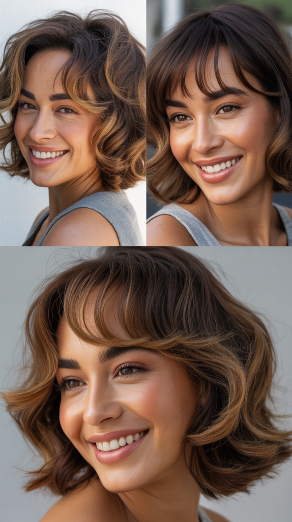 Shaggy Lob With Caramel Swirls and Feathered Bangs