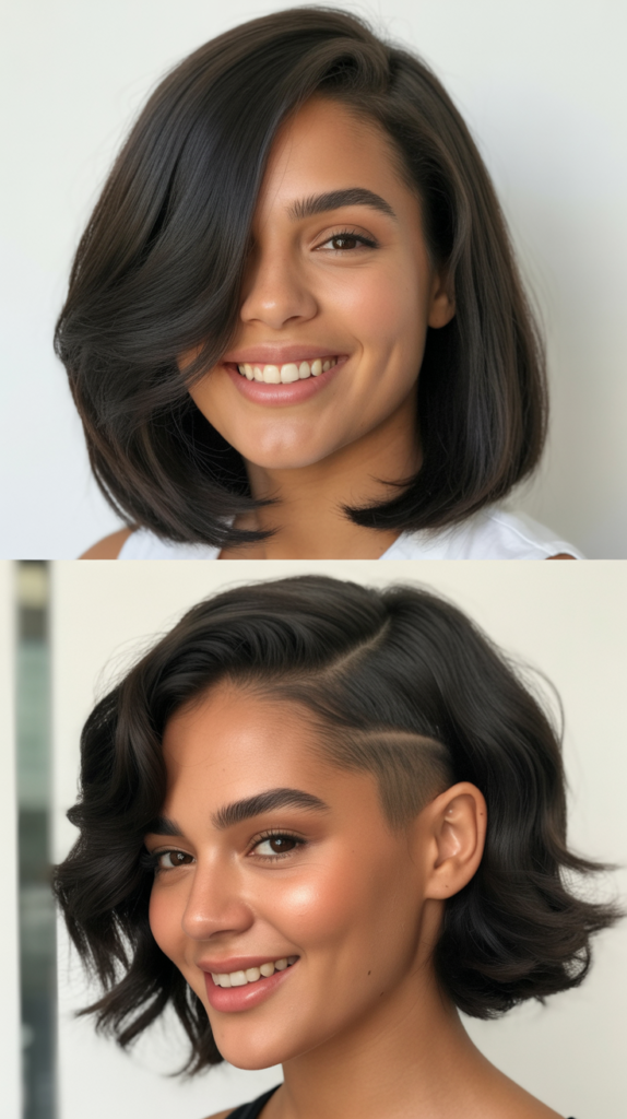 Long Bob with Side Bangs and Hidden Rainbow Layers