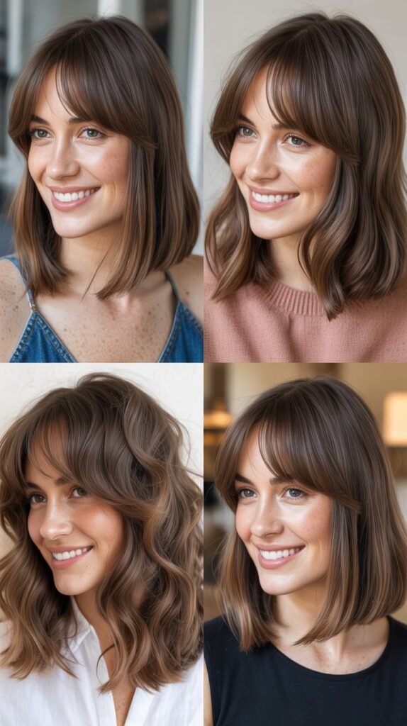 Graduated Lob With Angled Curtain Bangs