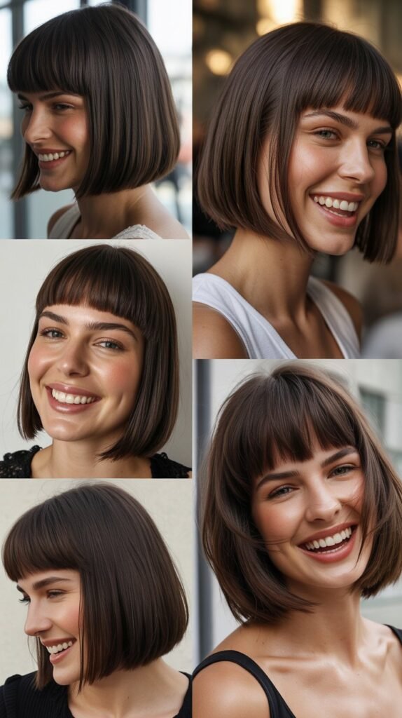 Sleek Lob With Sharp Curtain Bangs