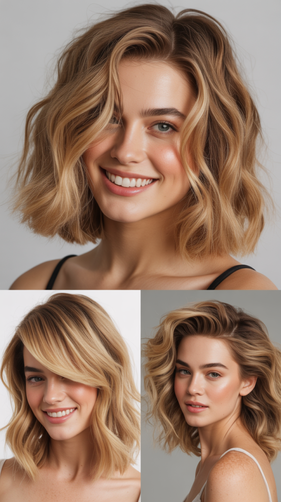 Tousled Lob With Honey Tones and Side-Swept Fringe
