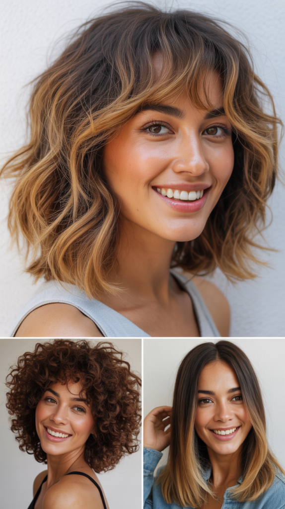 Layered Lob With Warm Balayage and Choppy Bangs