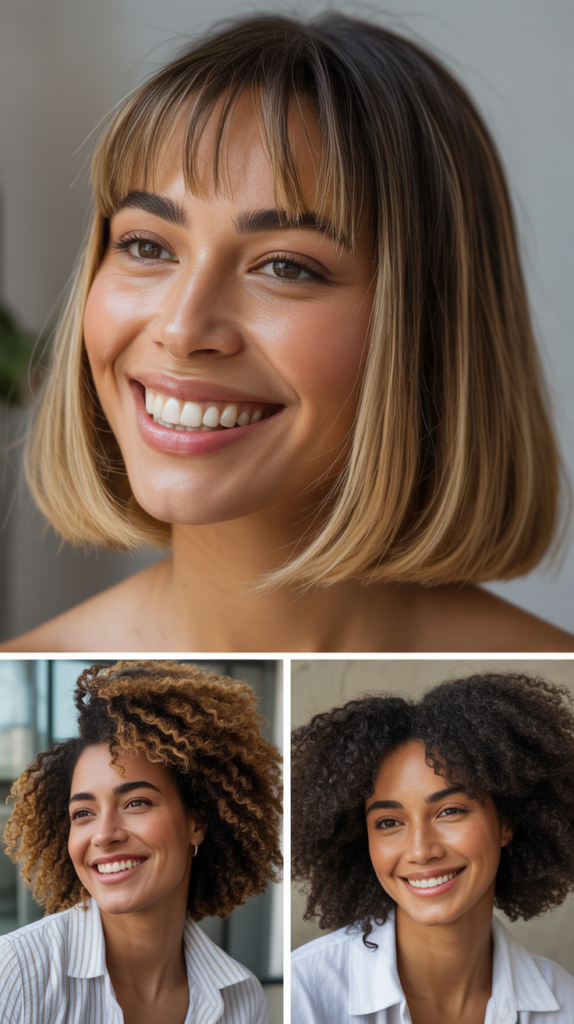 Long Bob With Curtain Bangs And Blonde Highlights